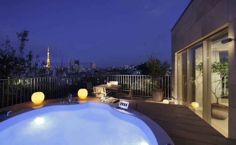 Terrace with jacuzzi at night