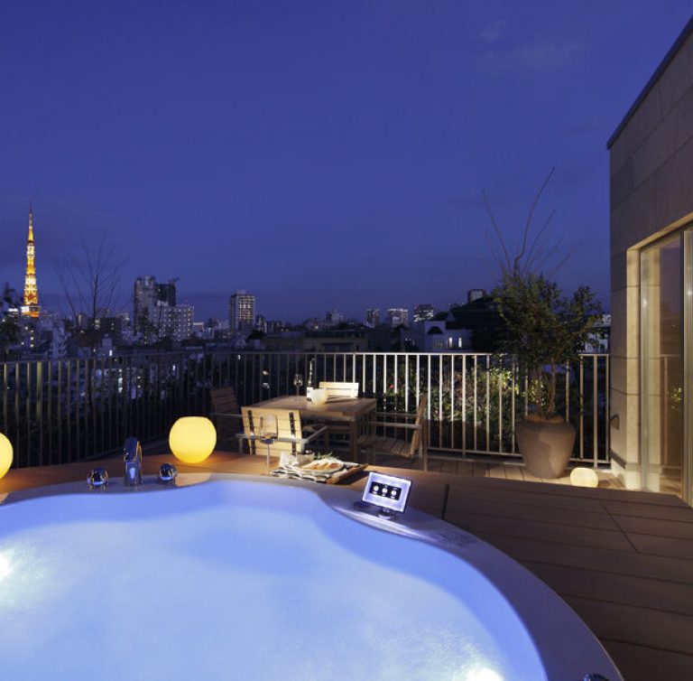 Terrace with jacuzzi at night