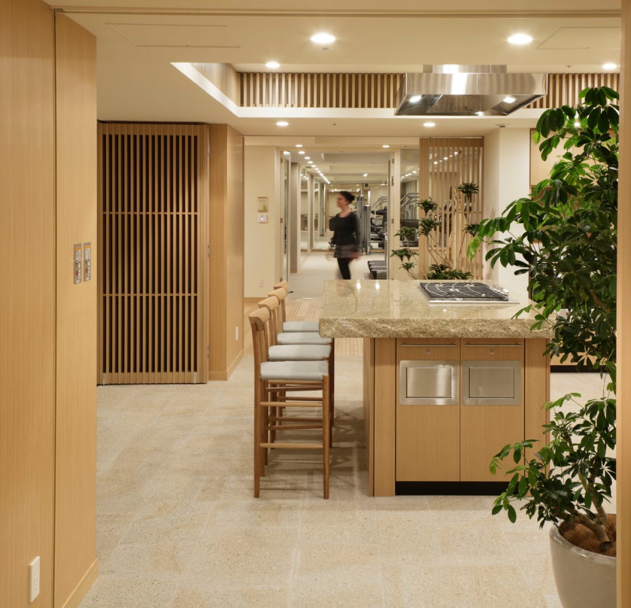 A view of an island kitchen inside the club lounge