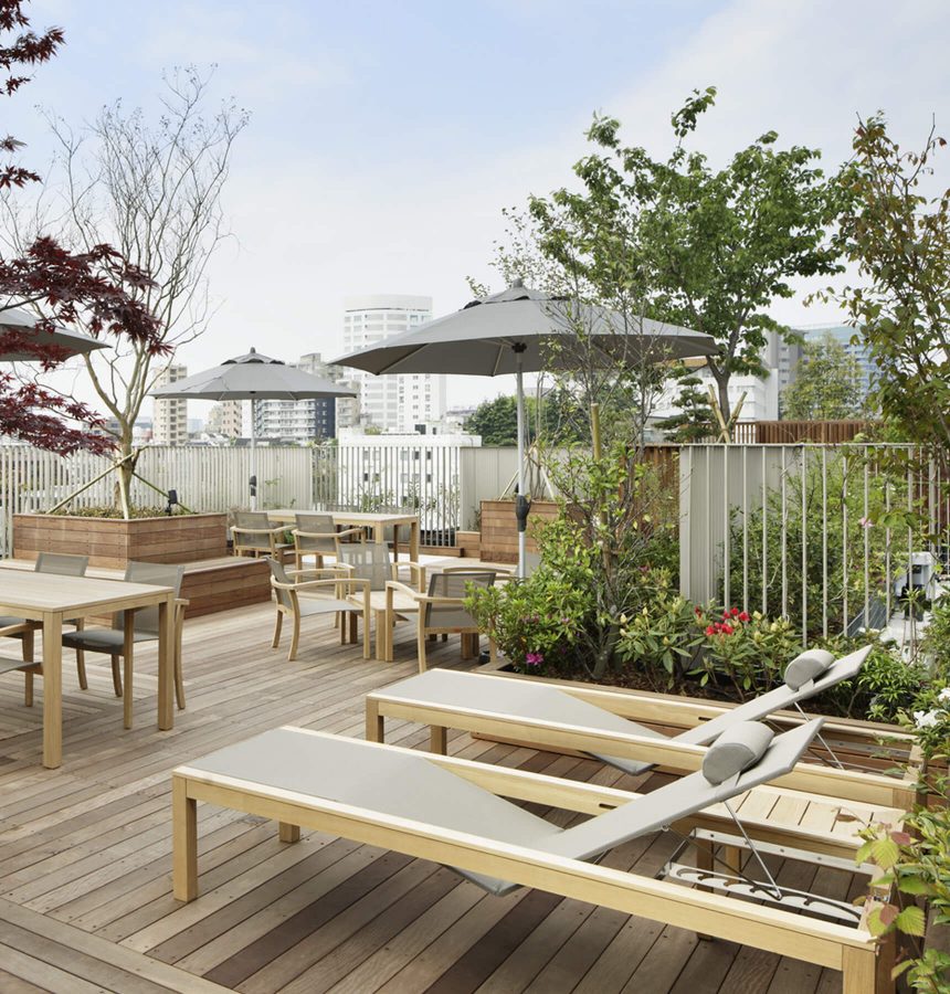 Rooftop terrace with deck chairs